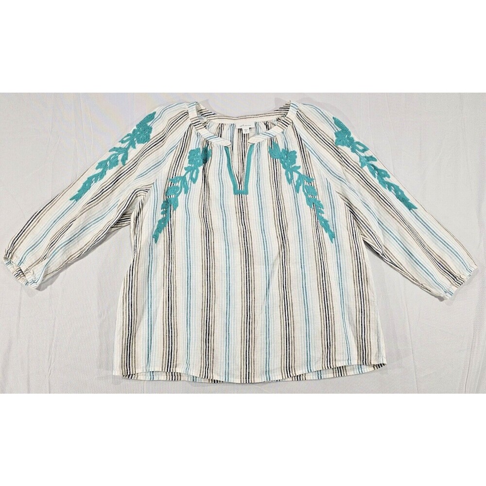 J Jill Love Linen Embroidered Peasant Blouse Boho Tunic Top Lagenlook Petite M